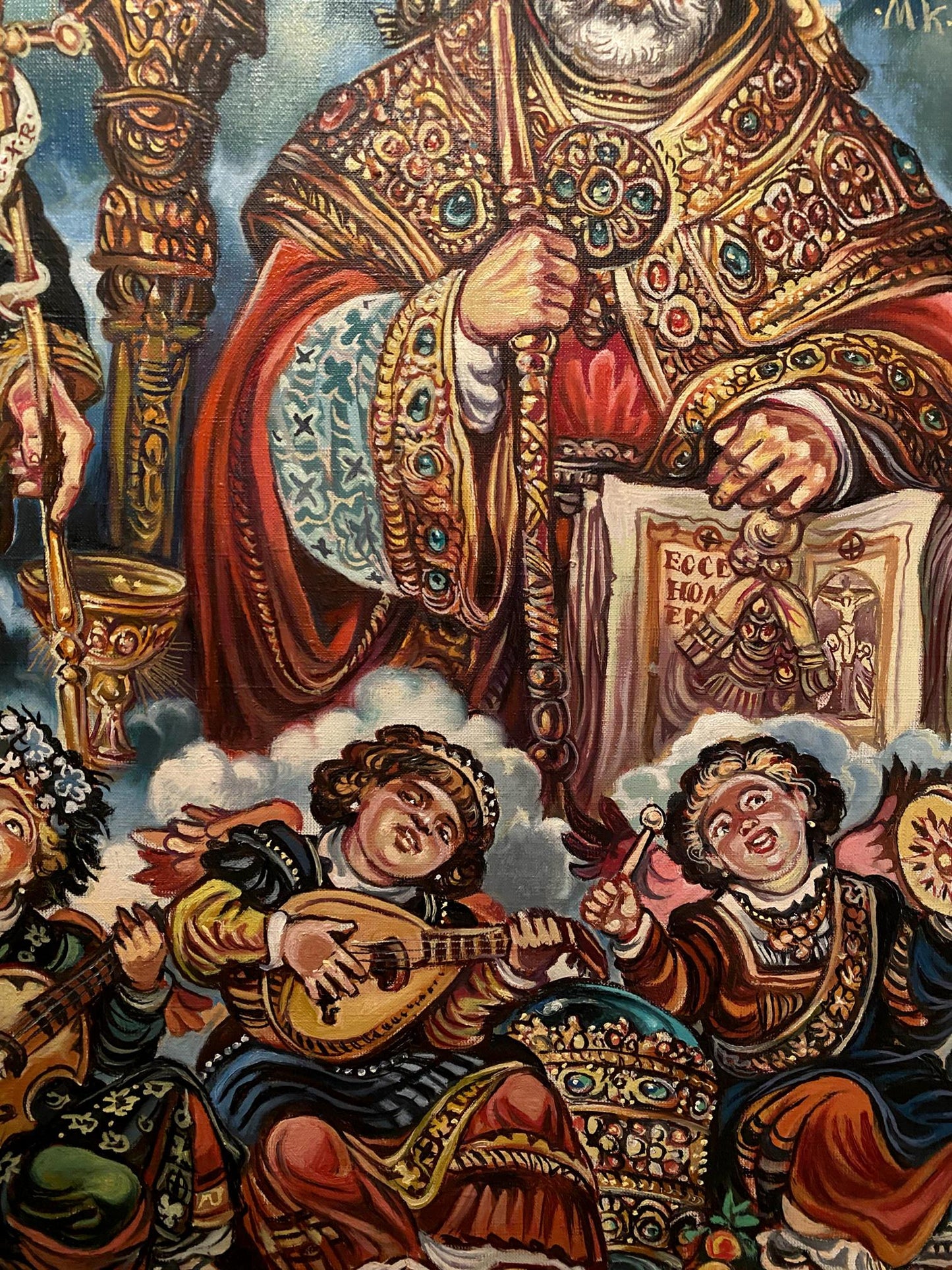 Oil painting of St. Nicholas richly embroidered golden red ceremonial robe