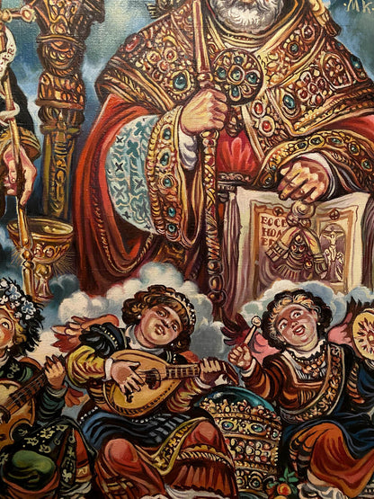 Oil painting of St. Nicholas richly embroidered golden red ceremonial robe