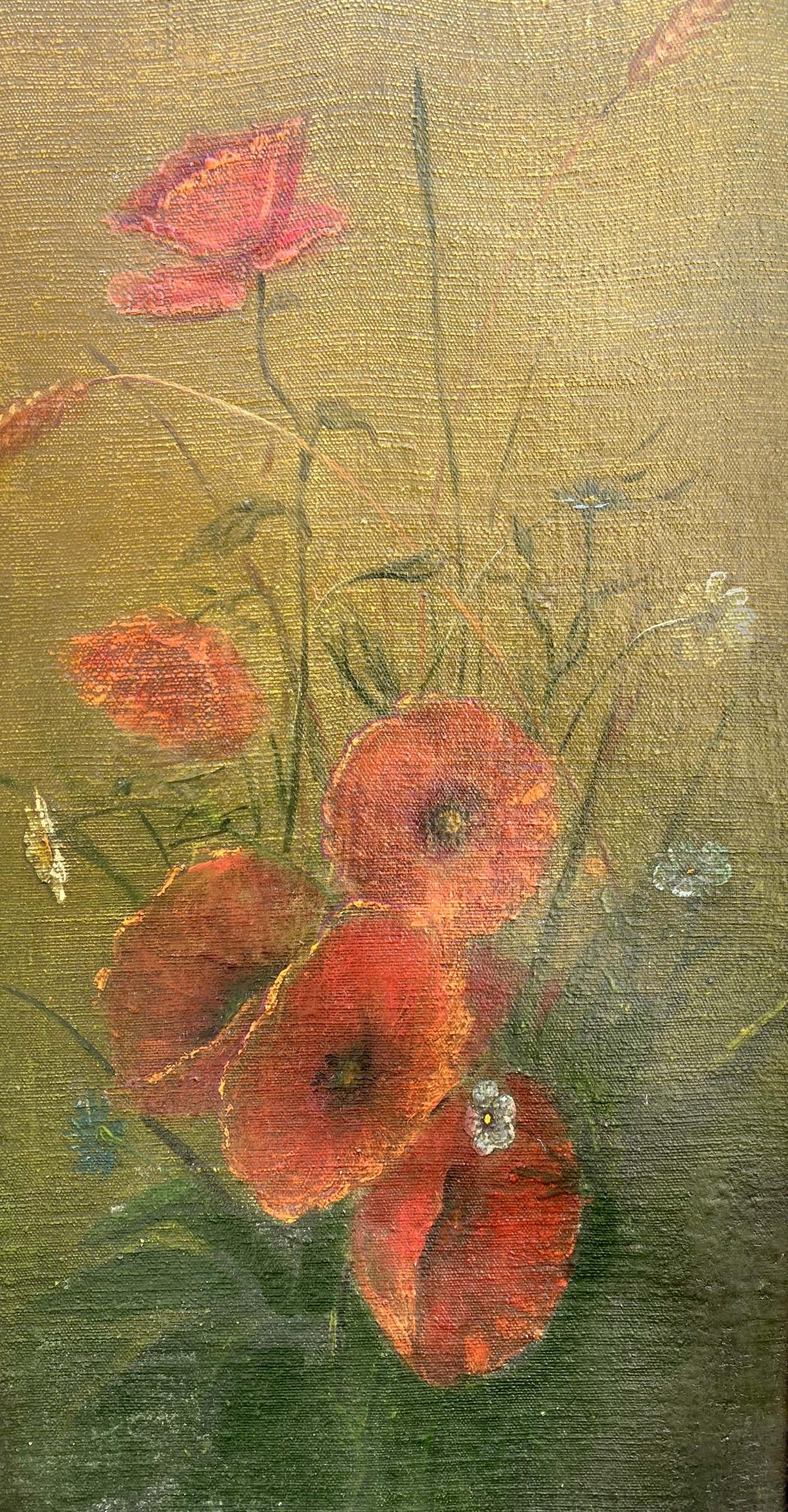 Oil painting of fresh poppies and chamomiles by unknown artist