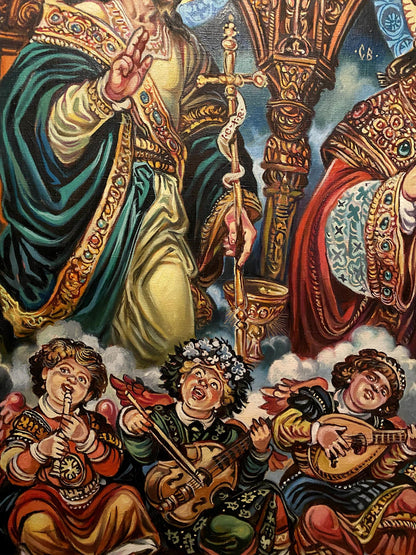 Oil painting of St. Nicholas by Alexander Arkadievich Litvinov holding golden ornate staff