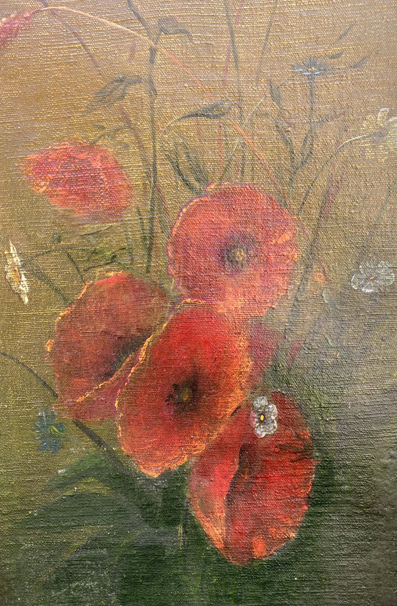 Oil painting of vibrant red poppies and chamomiles on textured canvas