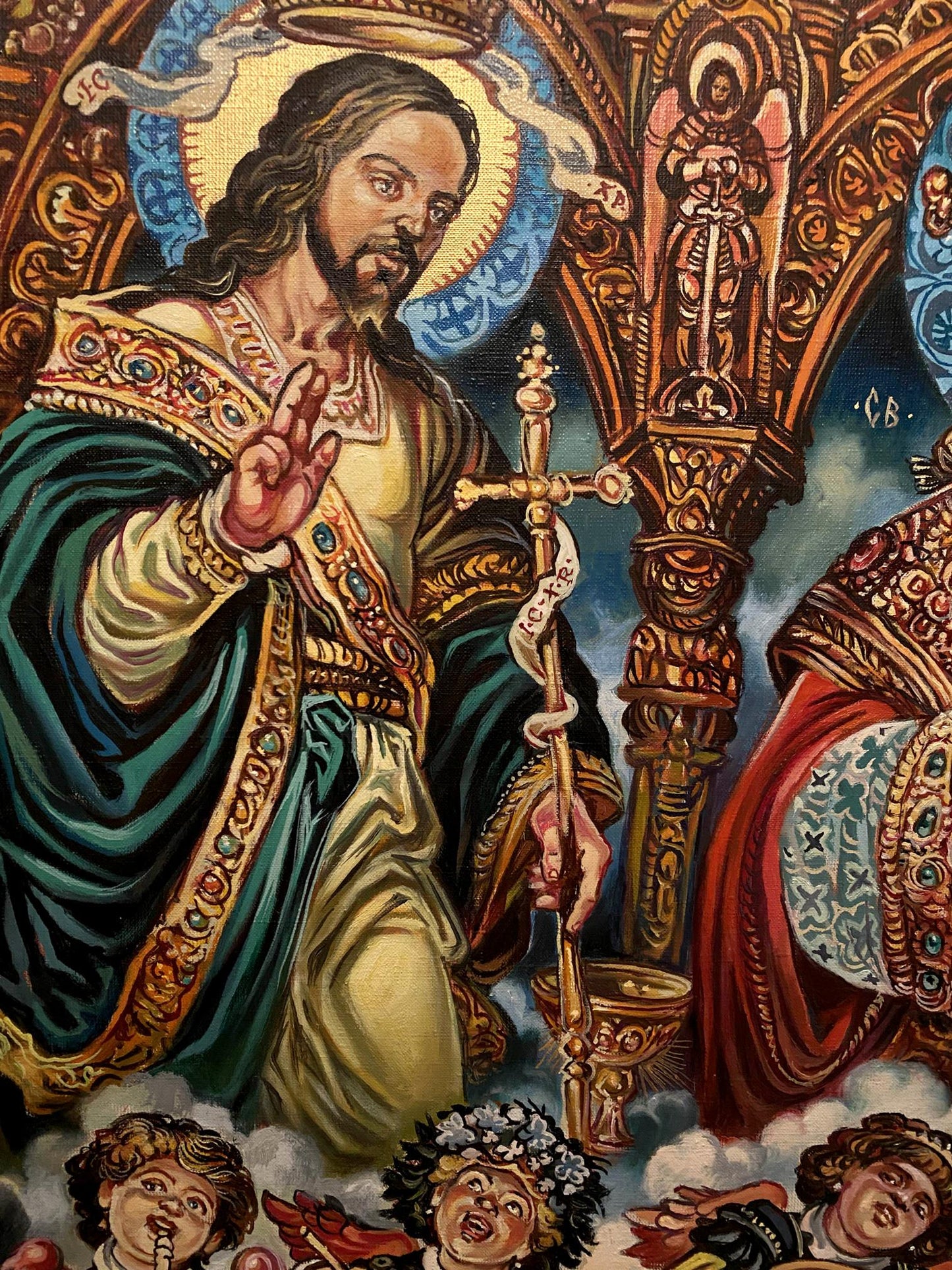 Oil painting of St. Nicholas by Alexander Arkadievich Litvinov in teal gold robes