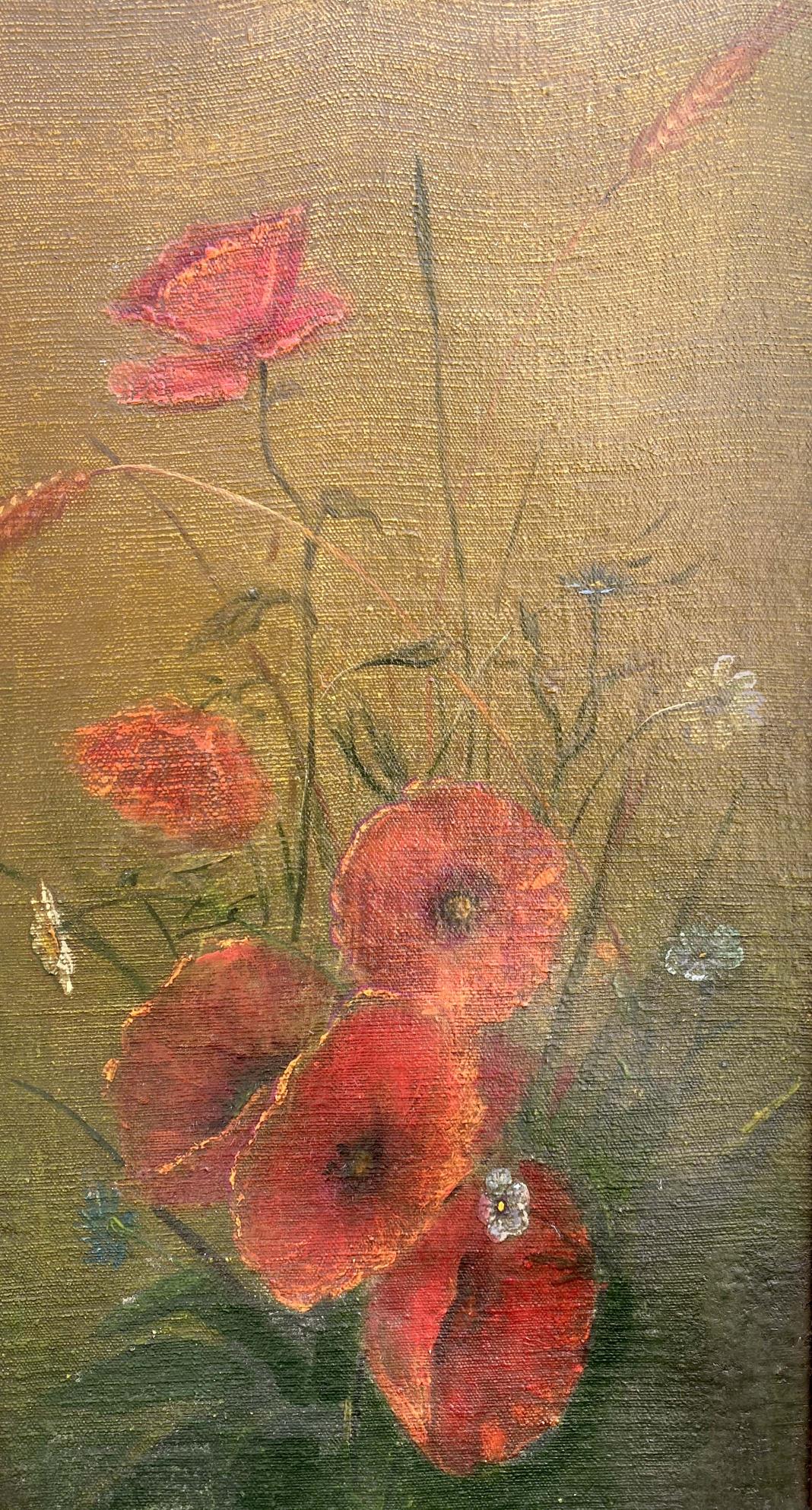 Oil painting of fresh poppies and chamomiles by unknown artist