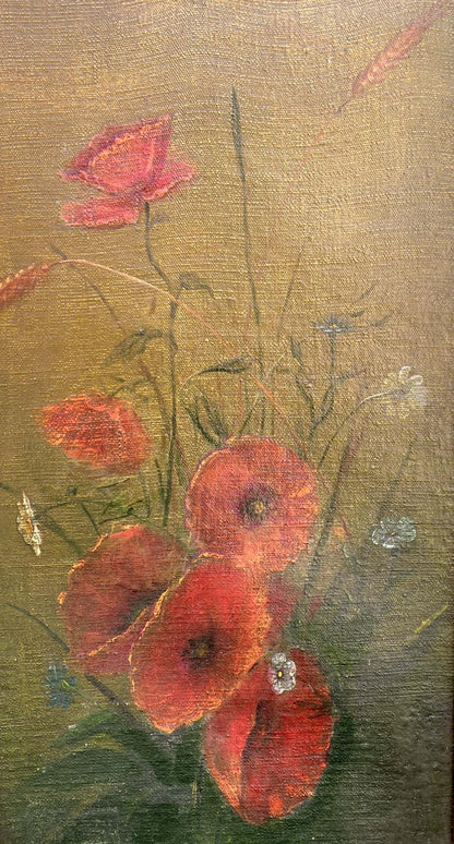 Oil painting of fresh poppies and chamomiles by unknown artist