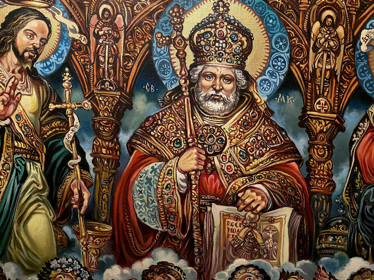 Oil painting of richly embroidered golden crown with gemstones by St. Nicholas Litvinov