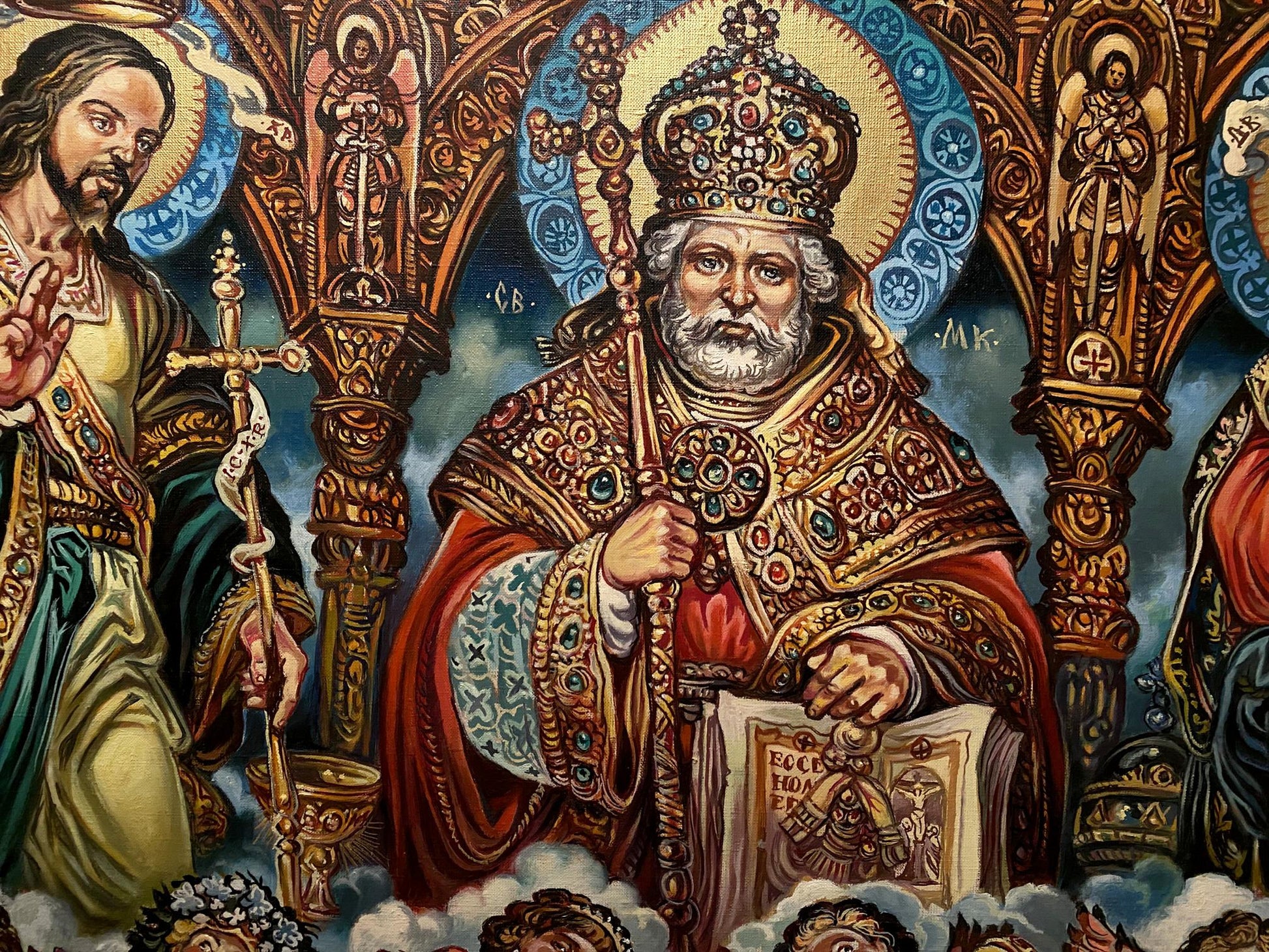 Oil painting of richly embroidered golden crown with gemstones by St. Nicholas Litvinov
