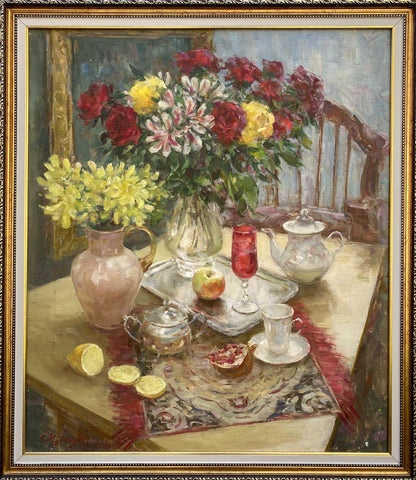 Oil painting of vibrant red yellow white flowers and pomegranate by Sergey Mikhailichenko