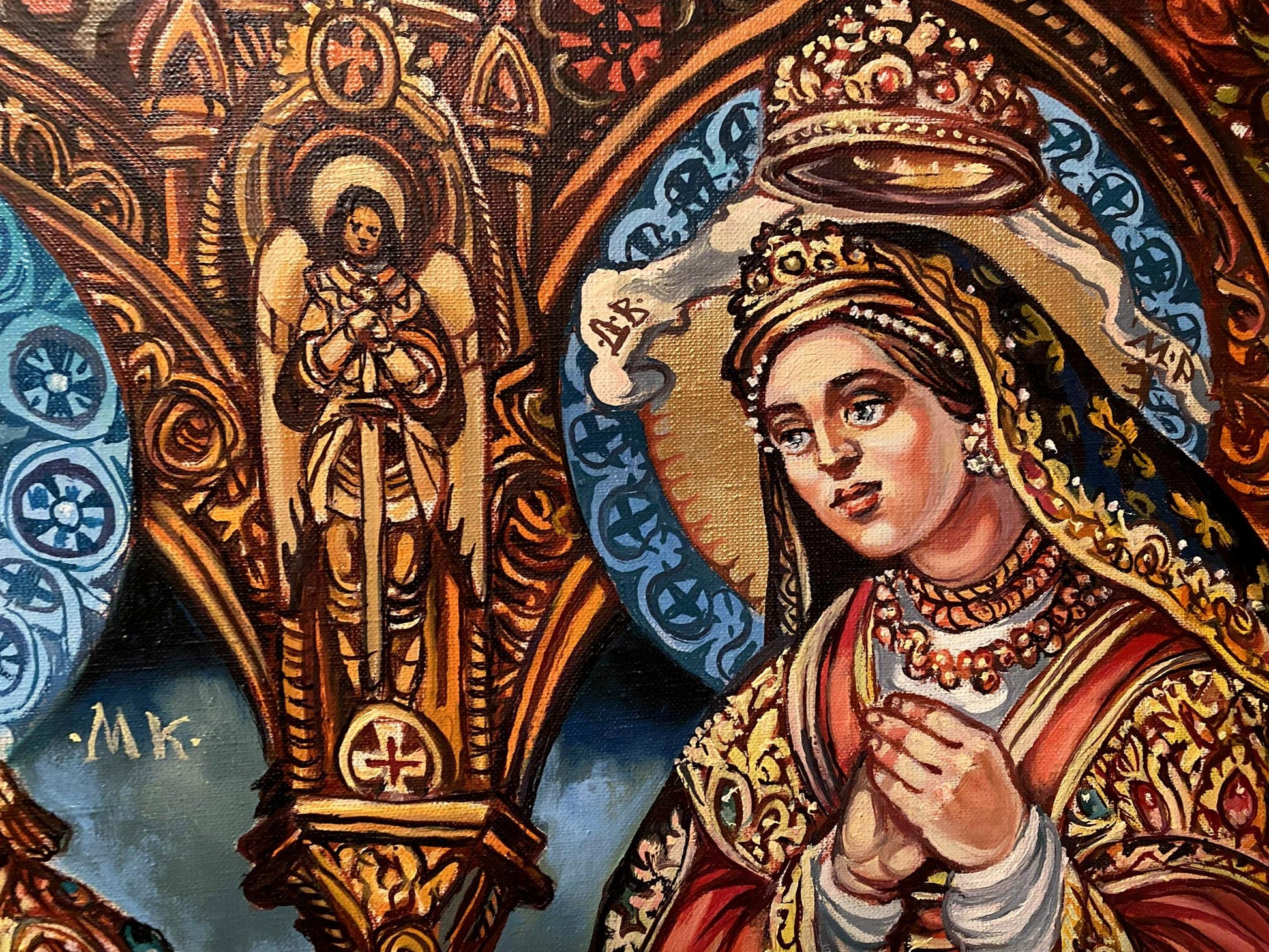 Oil painting of regal crowned woman in red gold attire by Litvinov