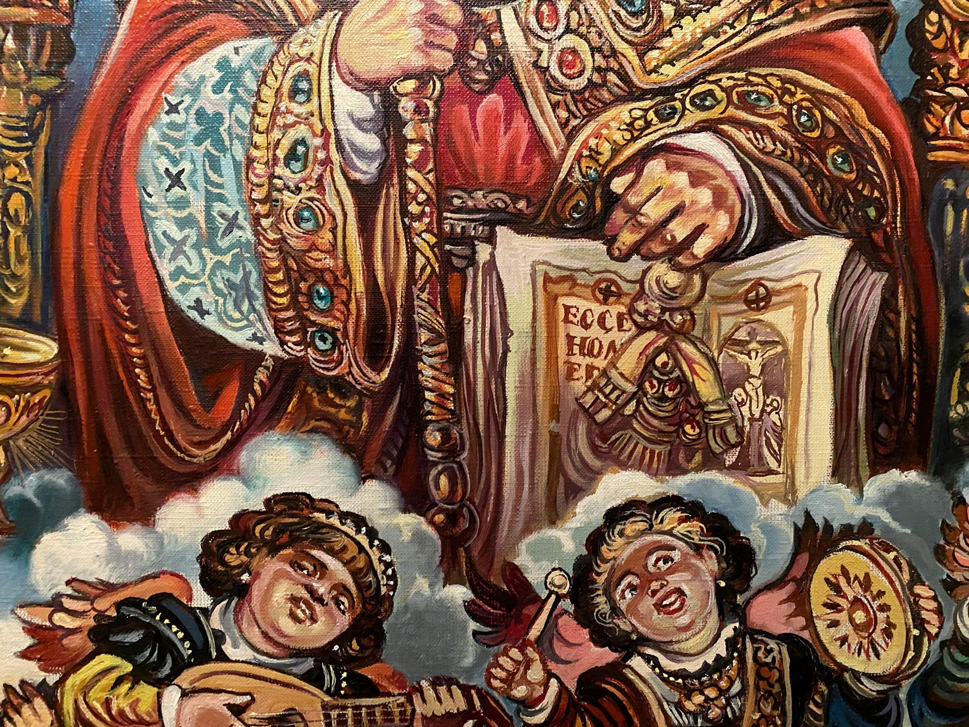 Oil painting of St. Nicholas in richly embroidered red gold robe by Litvinov