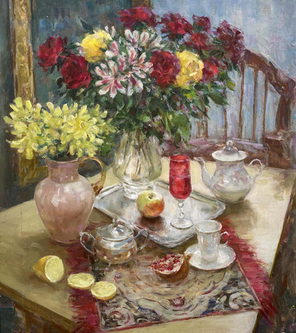 Oil painting of vibrant red yellow white flowers in vase by Sergey Mikhailichenko