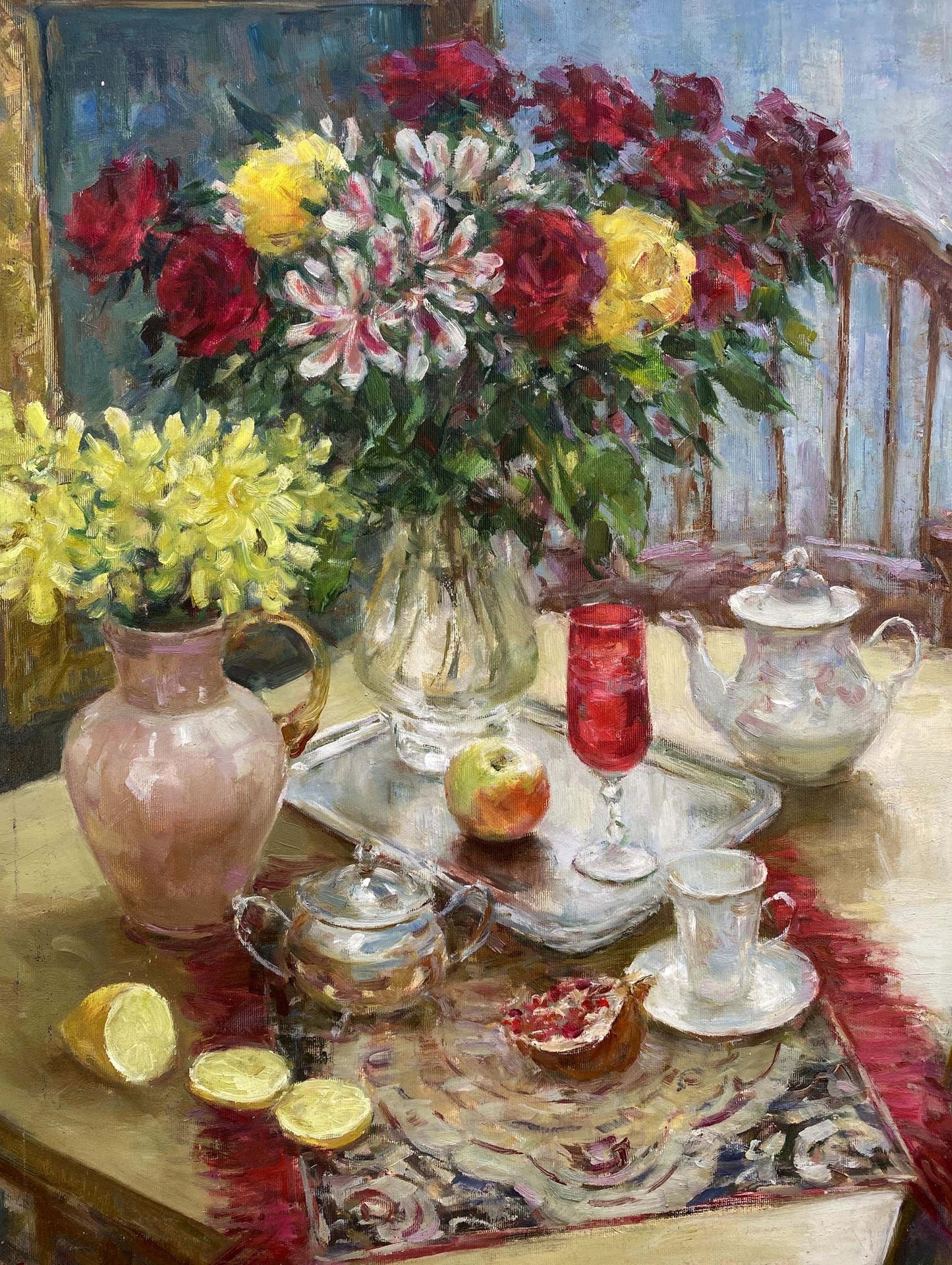 Oil painting of vibrant red yellow white flowers and pomegranate by Sergey Mikhailichenko
