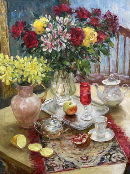 Oil painting of vibrant red yellow white flowers and pomegranate by Sergey Mikhailichenko