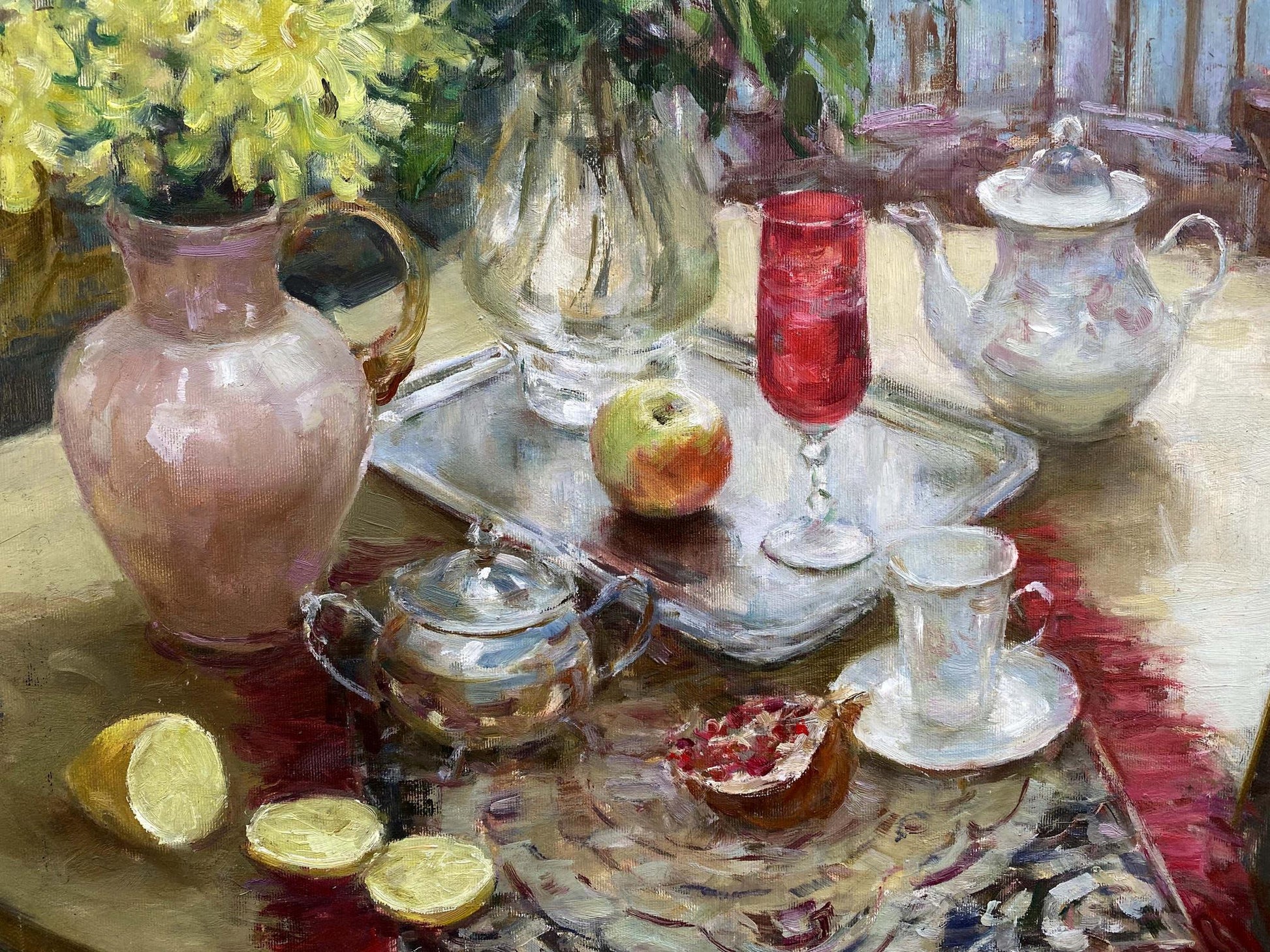 Oil painting of silver teapot still life with pomegranate by Sergey Mikhailichenko