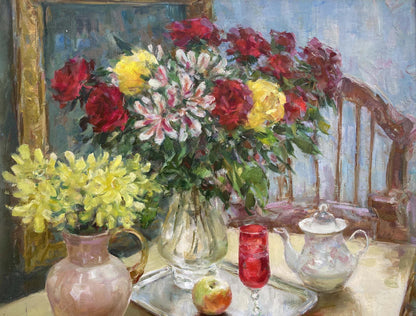 Oil painting of vibrant red yellow white flowers and pomegranate by Sergey Mikhailichenko