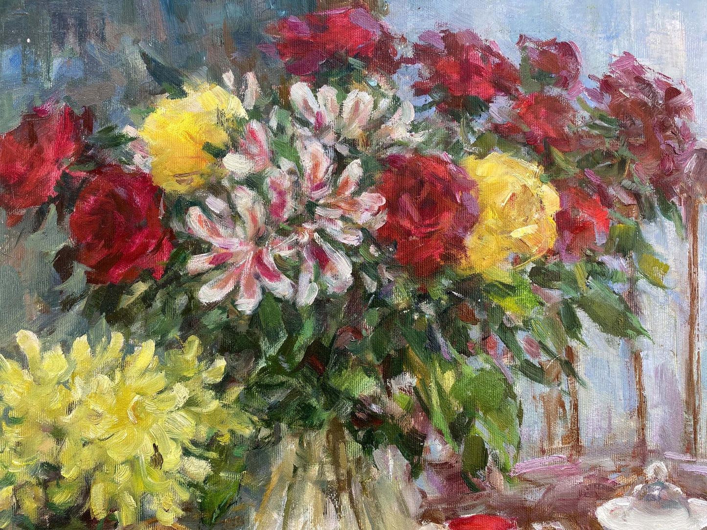Oil painting of vibrant red, yellow, white roses and pomegranate by Sergey Mikhailichenko