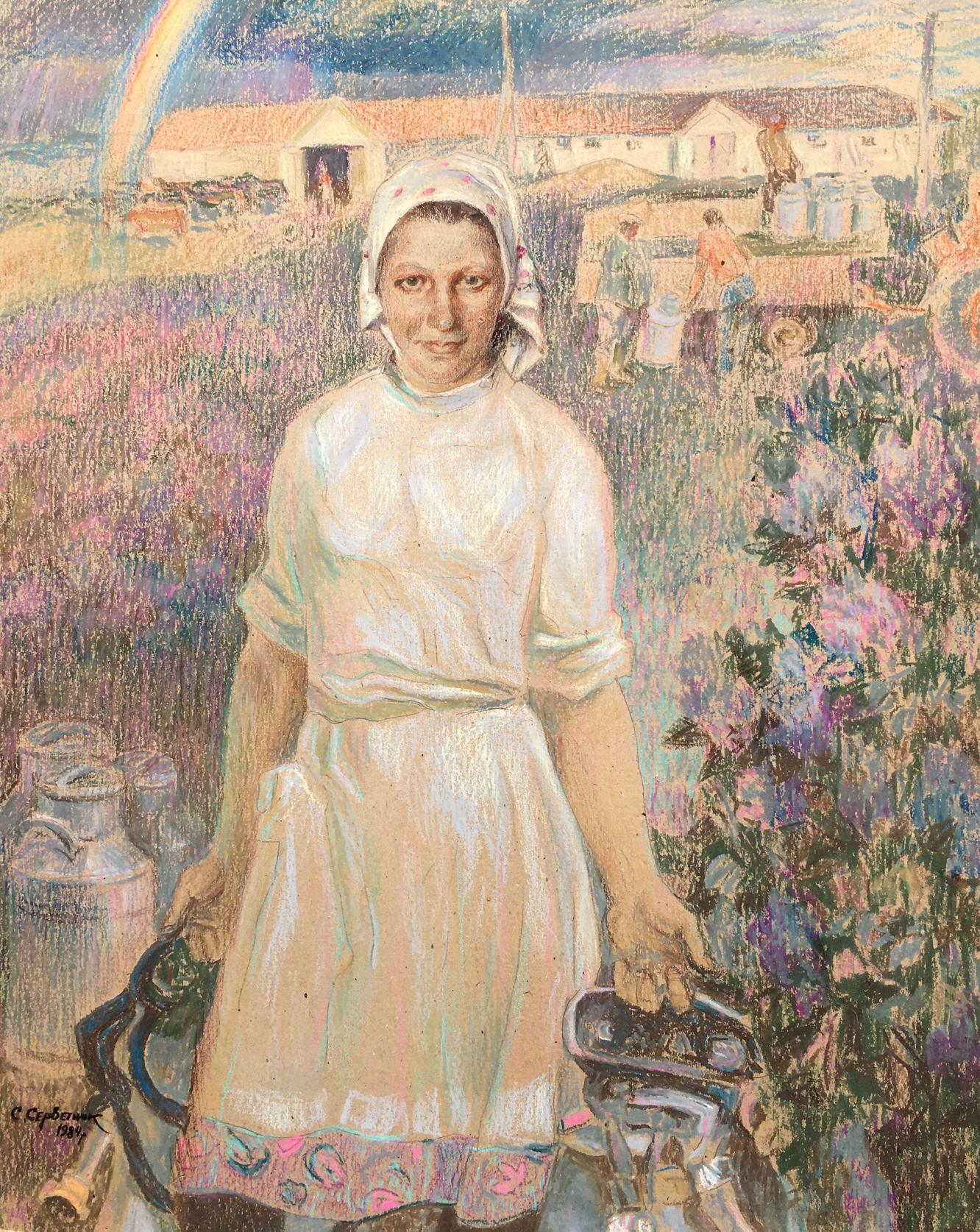 Social realism tempera portrait of milkmaid Servetnik Stanislav Maryanovich holding milk cans
