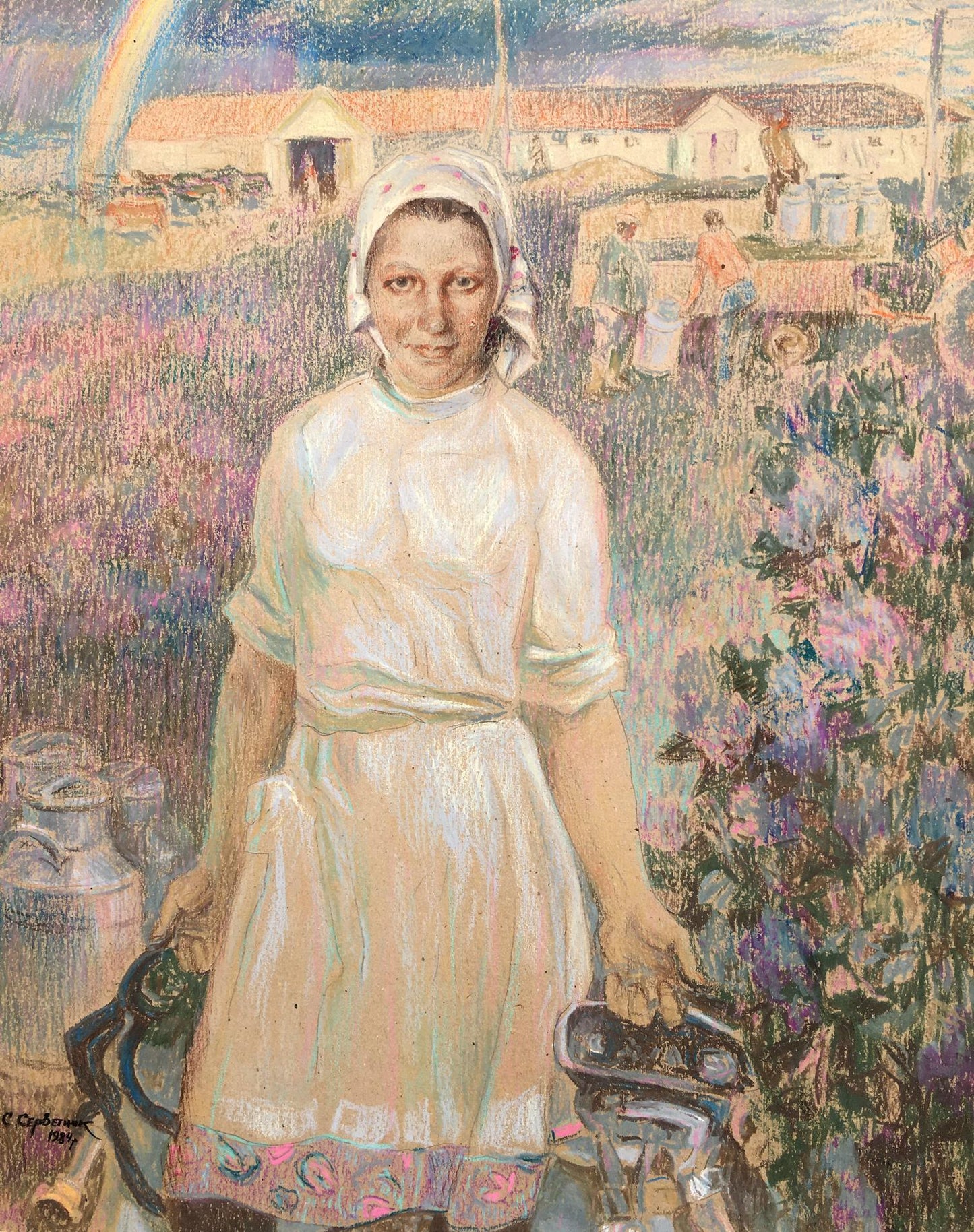 Social realism tempera portrait of milkmaid with old bicycle by Servetnik Stanislav Maryanovich