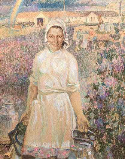 Social realism tempera portrait of milkmaid with old bicycle by Servetnik Stanislav Maryanovich