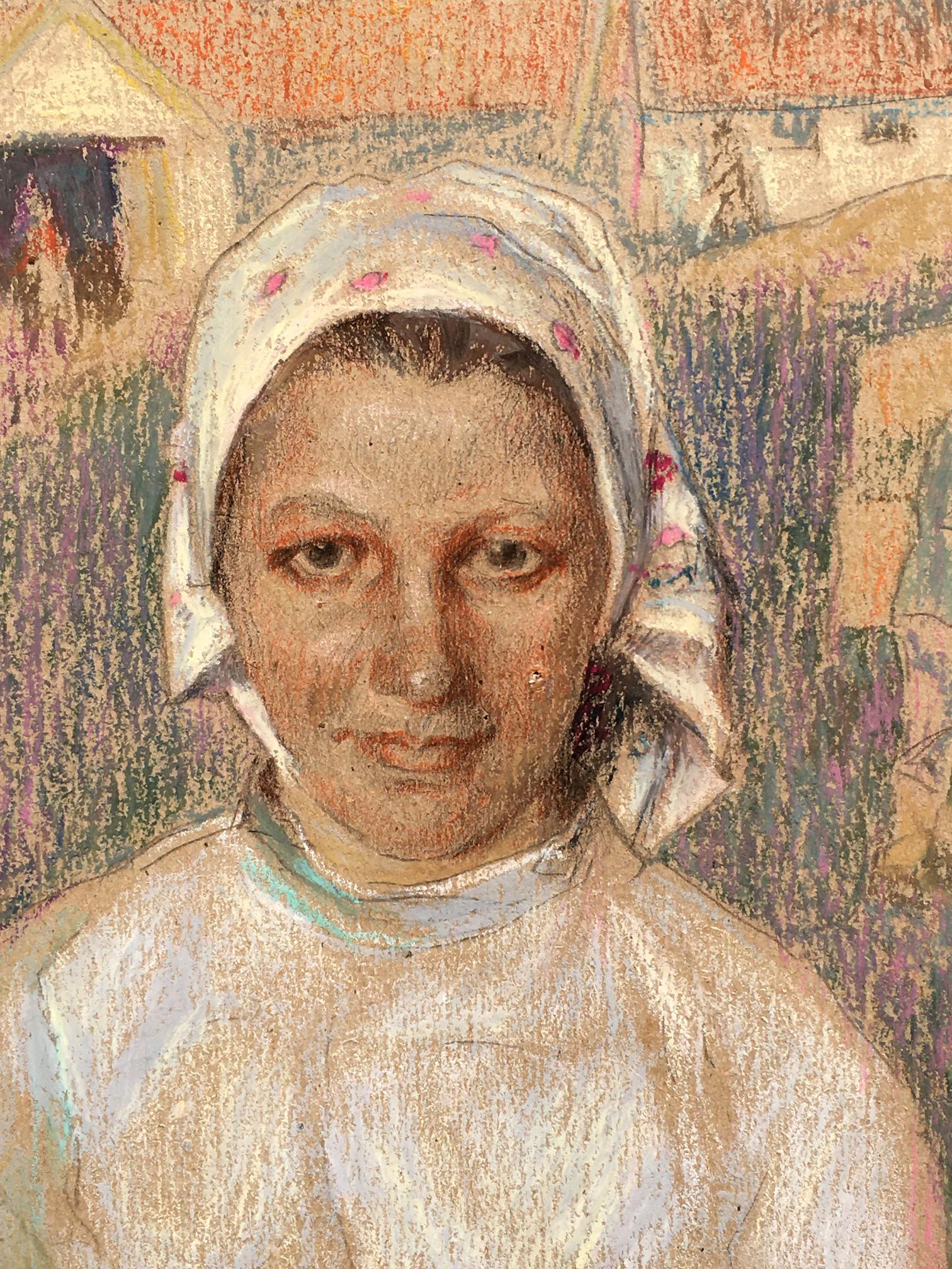 Soft pastel sketch of milkmaid in white floral headscarf by Servetnik Stanislav Maryanovich
