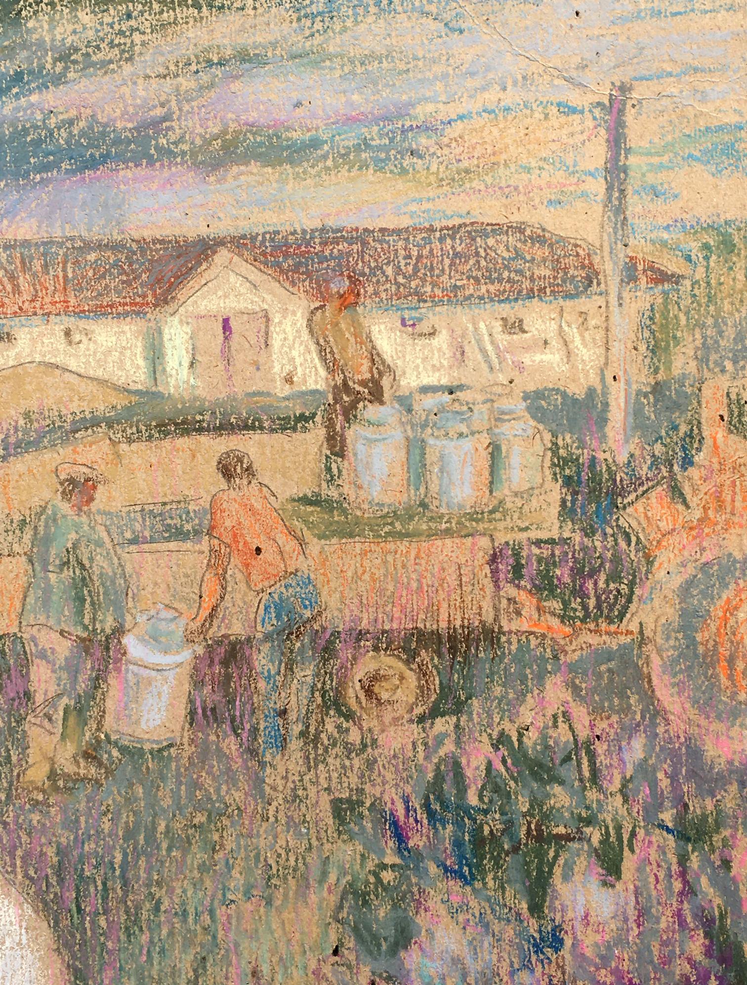 Pastel rural scene with milkmaid, tractor and figures by Servetnik Stanislav Maryanovich