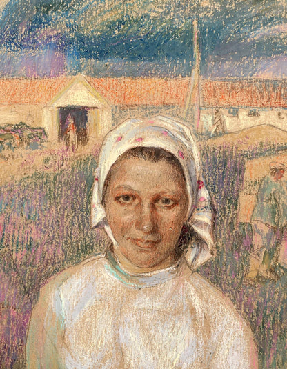 Social realism tempera portrait of milkmaid in white floral headscarf