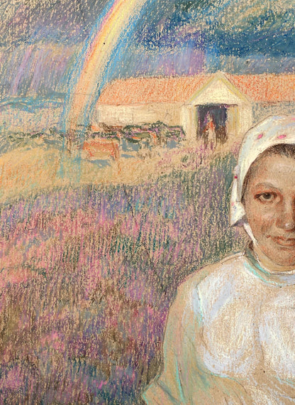 Social realism tempera portrait of milkmaid in white floral headscarf and textured dress by Servetnik Stanislav Maryanovich