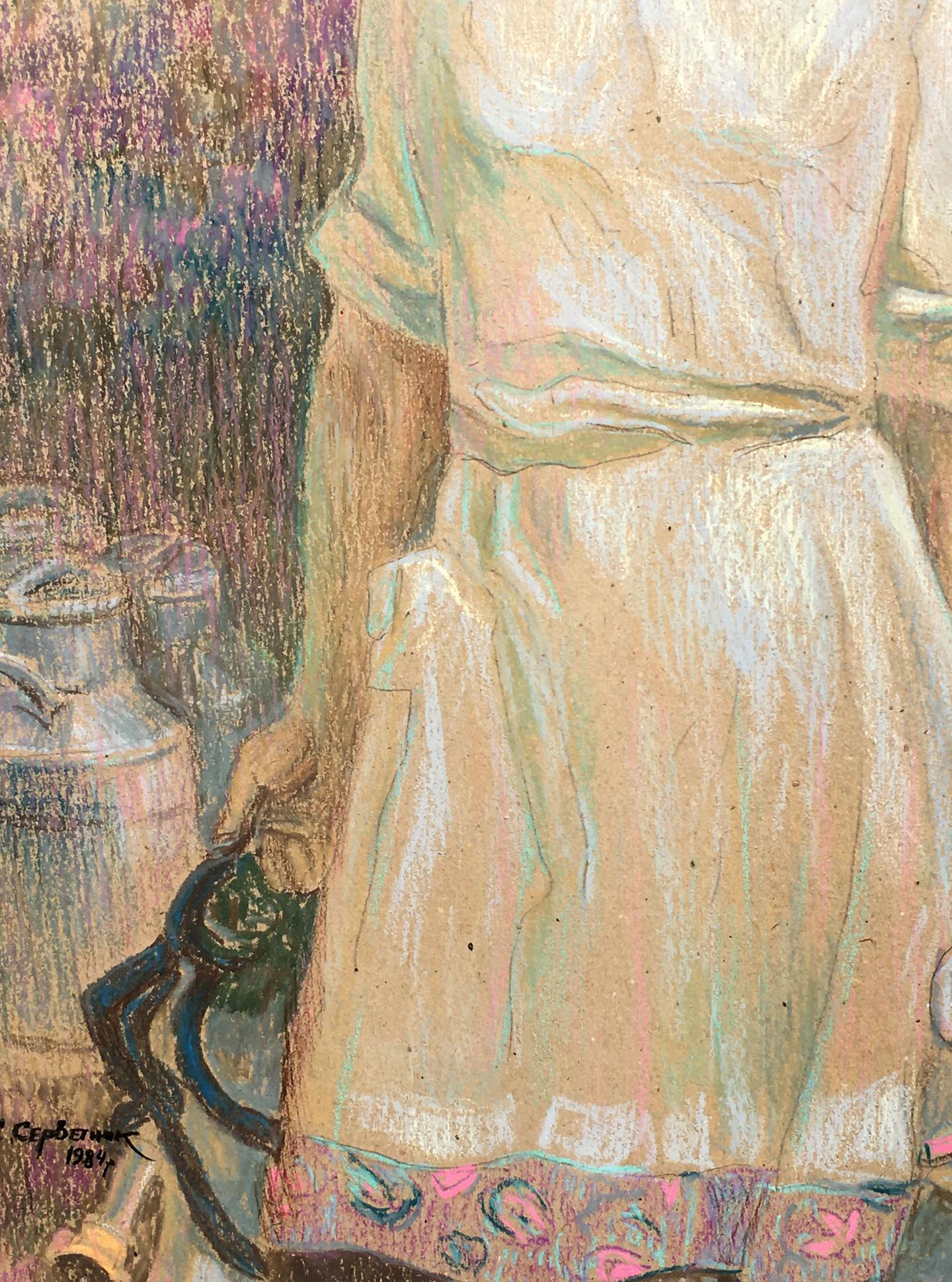 Social realism tempera portrait of milkmaid in short-sleeved patterned dress