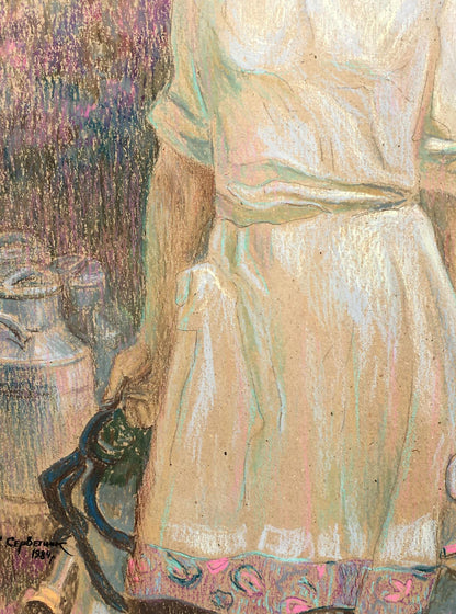 Social realism tempera portrait of milkmaid in short-sleeved patterned dress