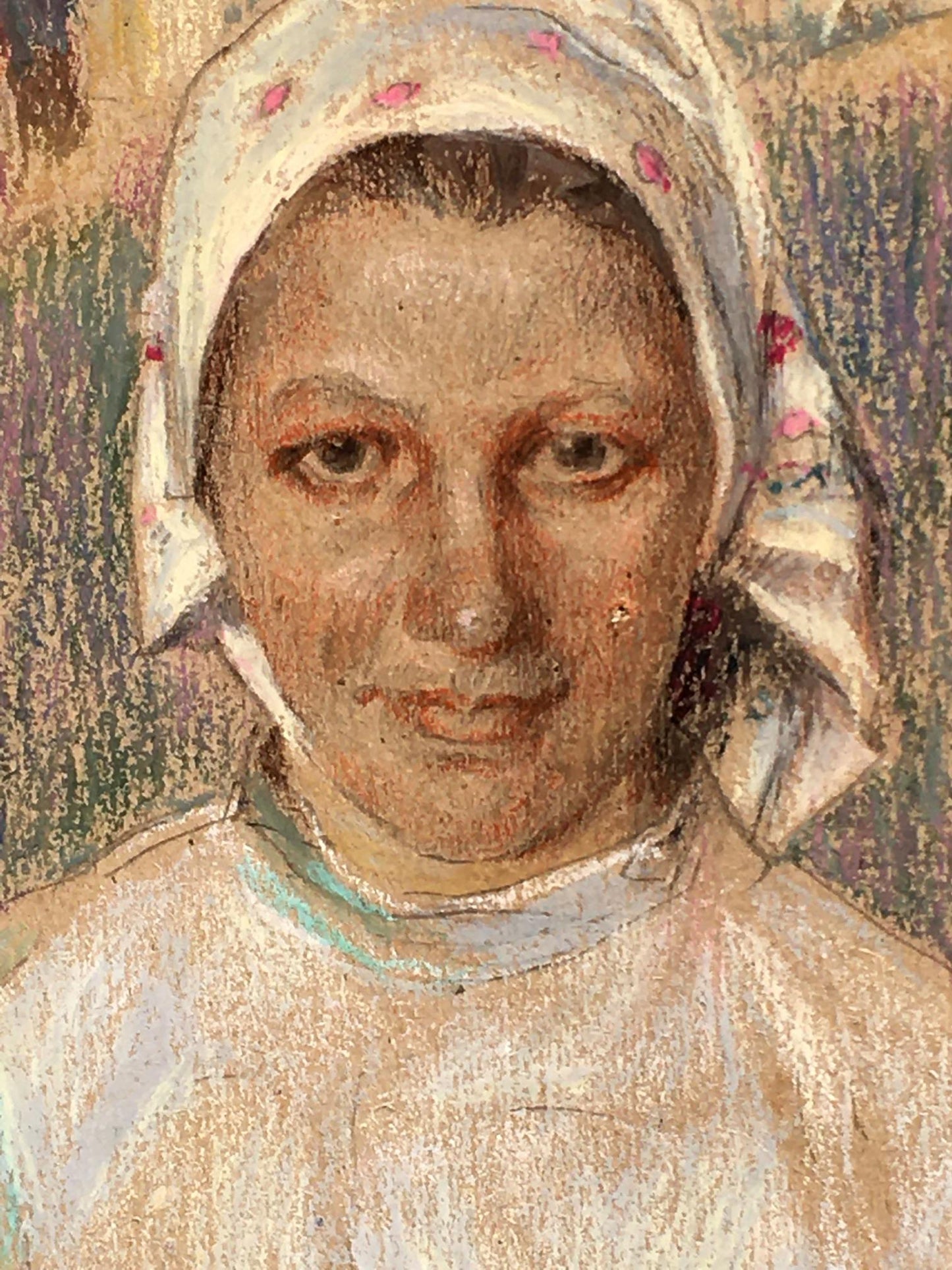Social realism tempera portrait of milkmaid in pastel floral headscarf