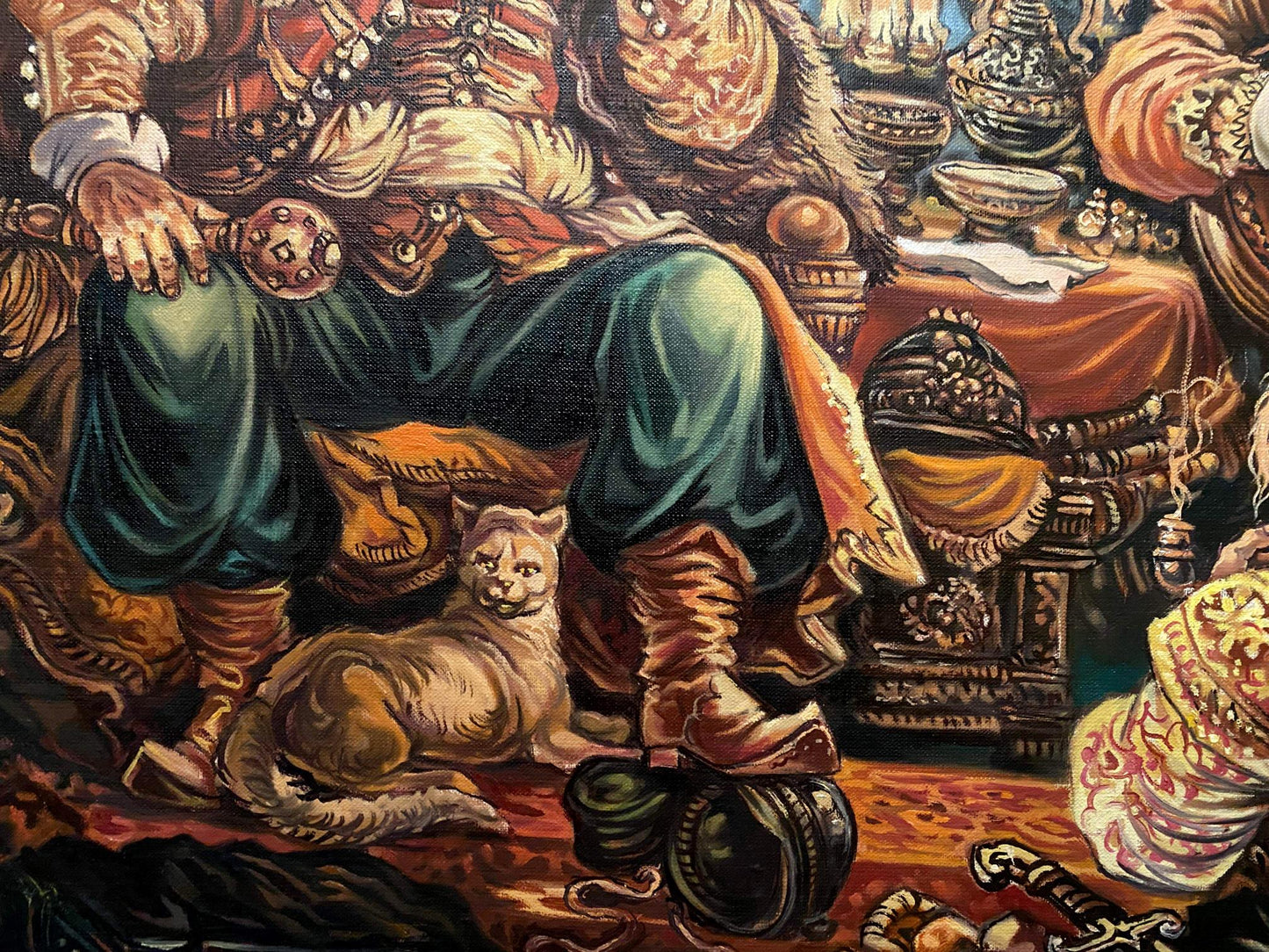 Cream cat rests near ornate garments in Litvinov Hetman Mazepa oil painting
