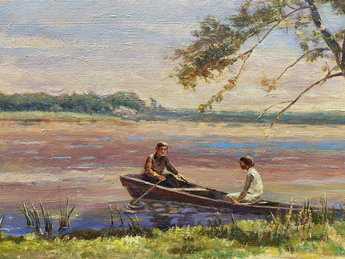 Oil painting Romantic Evening Les Vladimir Stepanovich rowboat scene