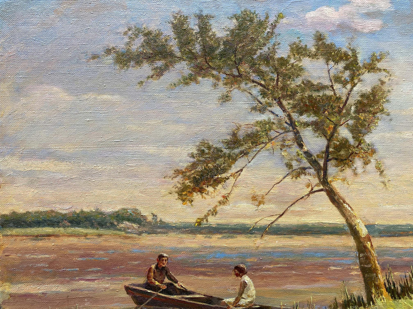 Oil painting Romantic Evening Les by Vladimir Stepanovich, serene rowboat scene