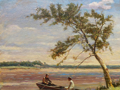 Oil painting Romantic Evening Les by Vladimir Stepanovich, serene rowboat scene