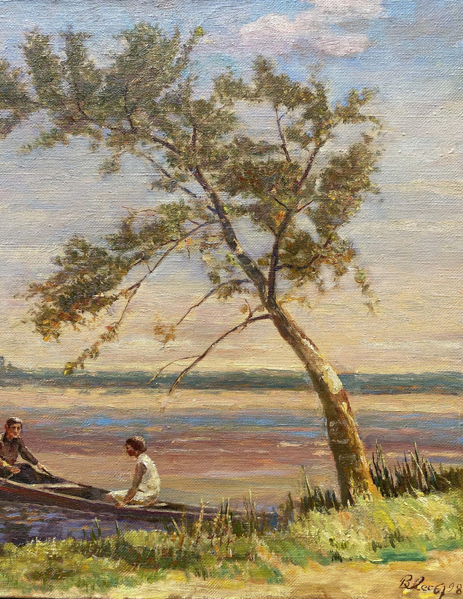 Oil painting Romantic evening Les Vladimir Stepanovich rowboat by river