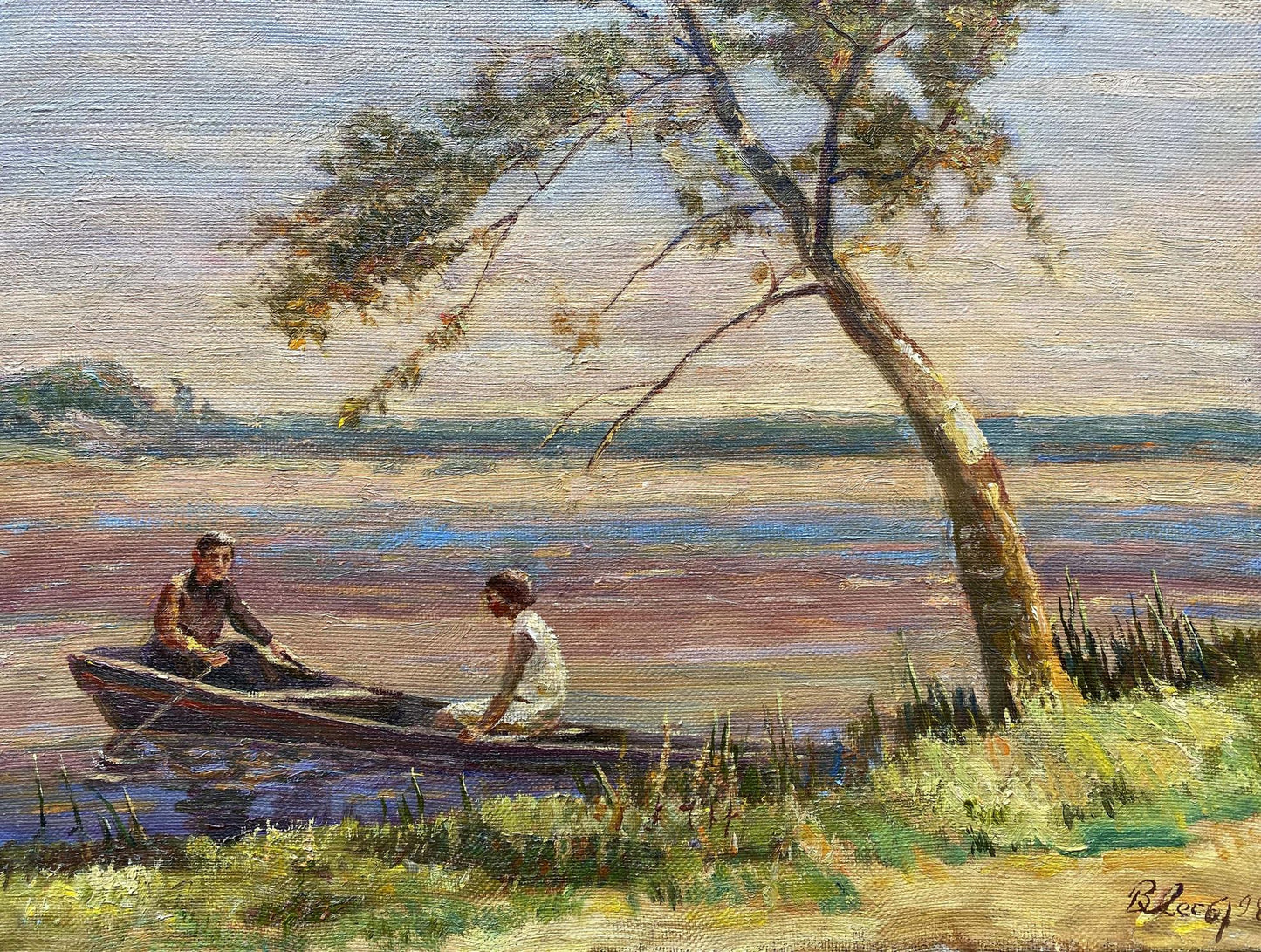 Oil painting Romantic Evening Les Vladimir Stepanovich rowboat scene