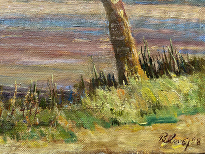 Oil painting Romantic Evening Les Vladimir Stepanovich tree trunk textured sky grass