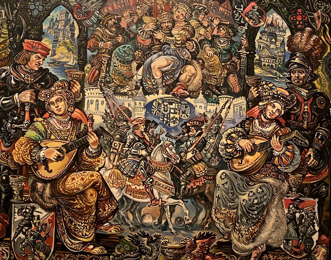 Oil painting of medieval dances by Alexander Litvinov, vibrant tapestry scene