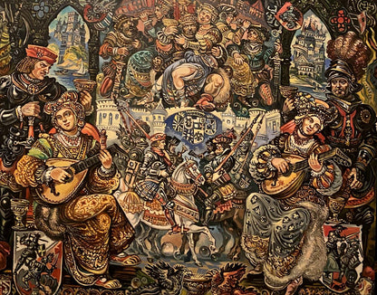Oil painting of medieval dances by Alexander Litvinov, vibrant tapestry scene
