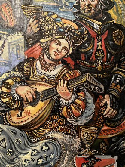 Oil painting of woman in gold-embroidered Renaissance attire playing lute by Alexander Litvinov