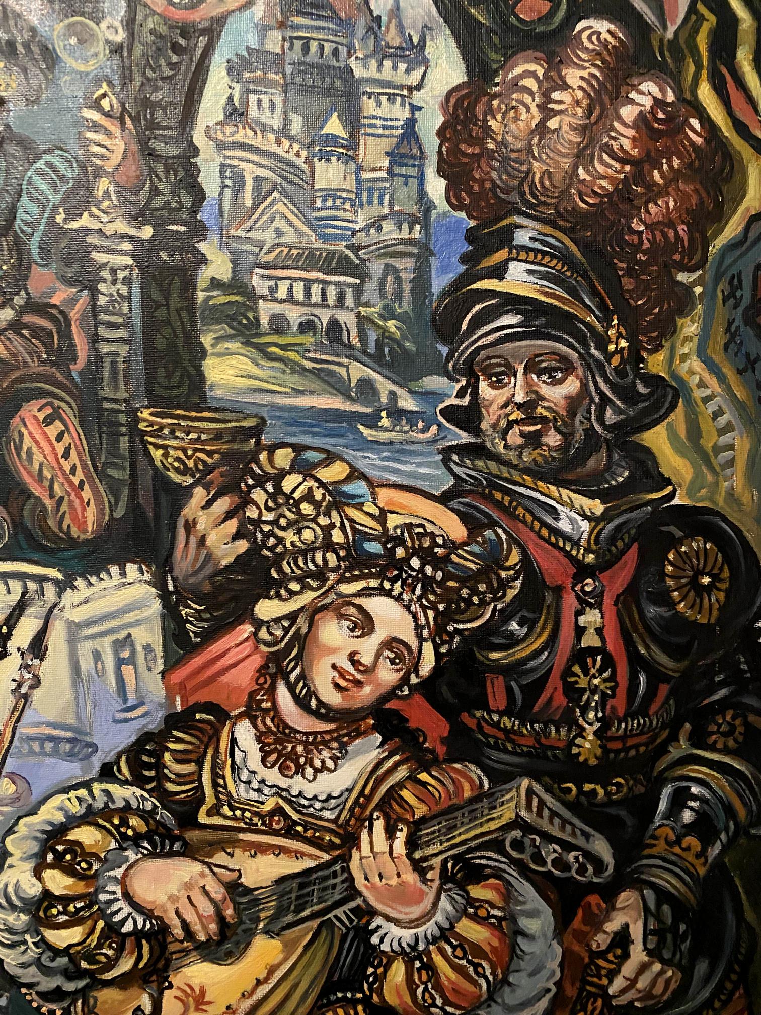 Oil painting Medieval dances by Alexander Litvinov: man in ornate armor and woman with lute