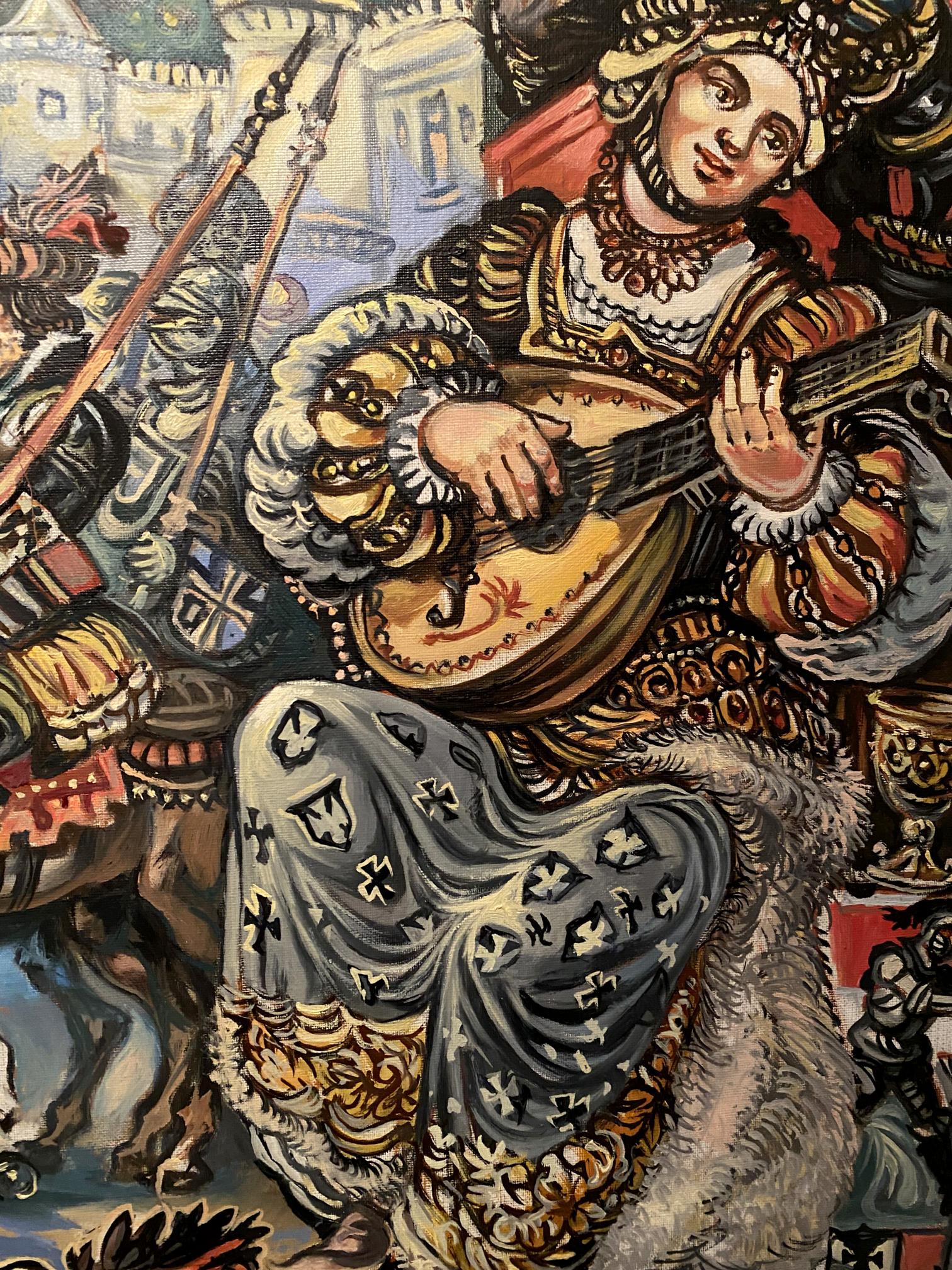 Oil painting by Alexander Litvinov: woman in gold-trimmed medieval attire plays lute