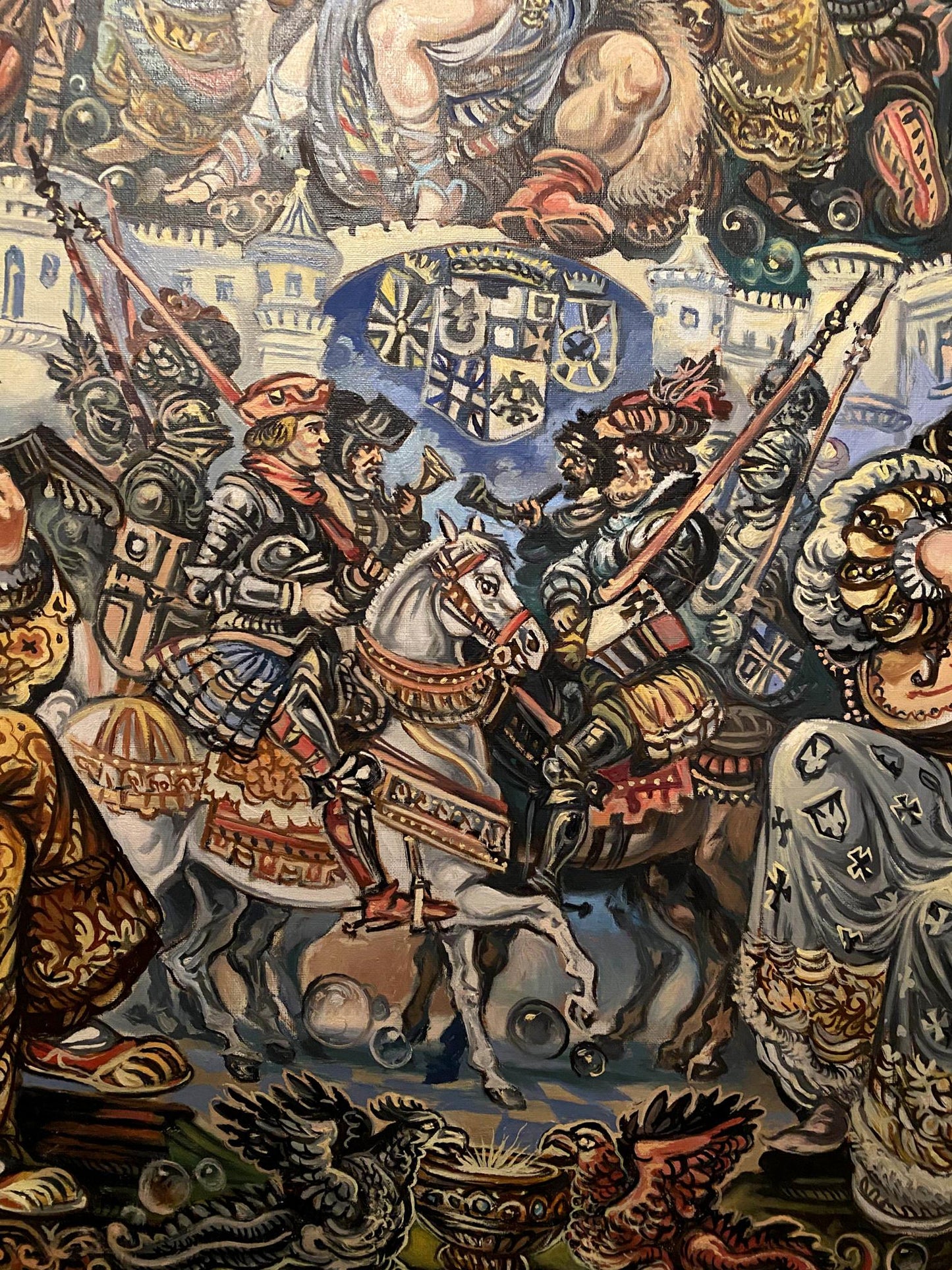 Oil painting of medieval battle tapestry by Alexander Litvinov