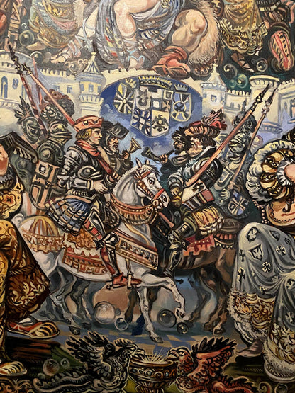 Oil painting of medieval battle tapestry by Alexander Litvinov