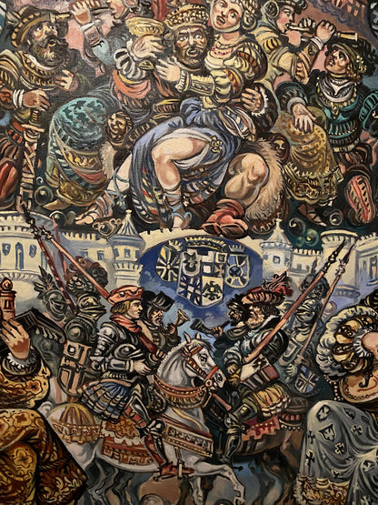 Vibrant oil painting of medieval battle dances by Alexander Litvinov