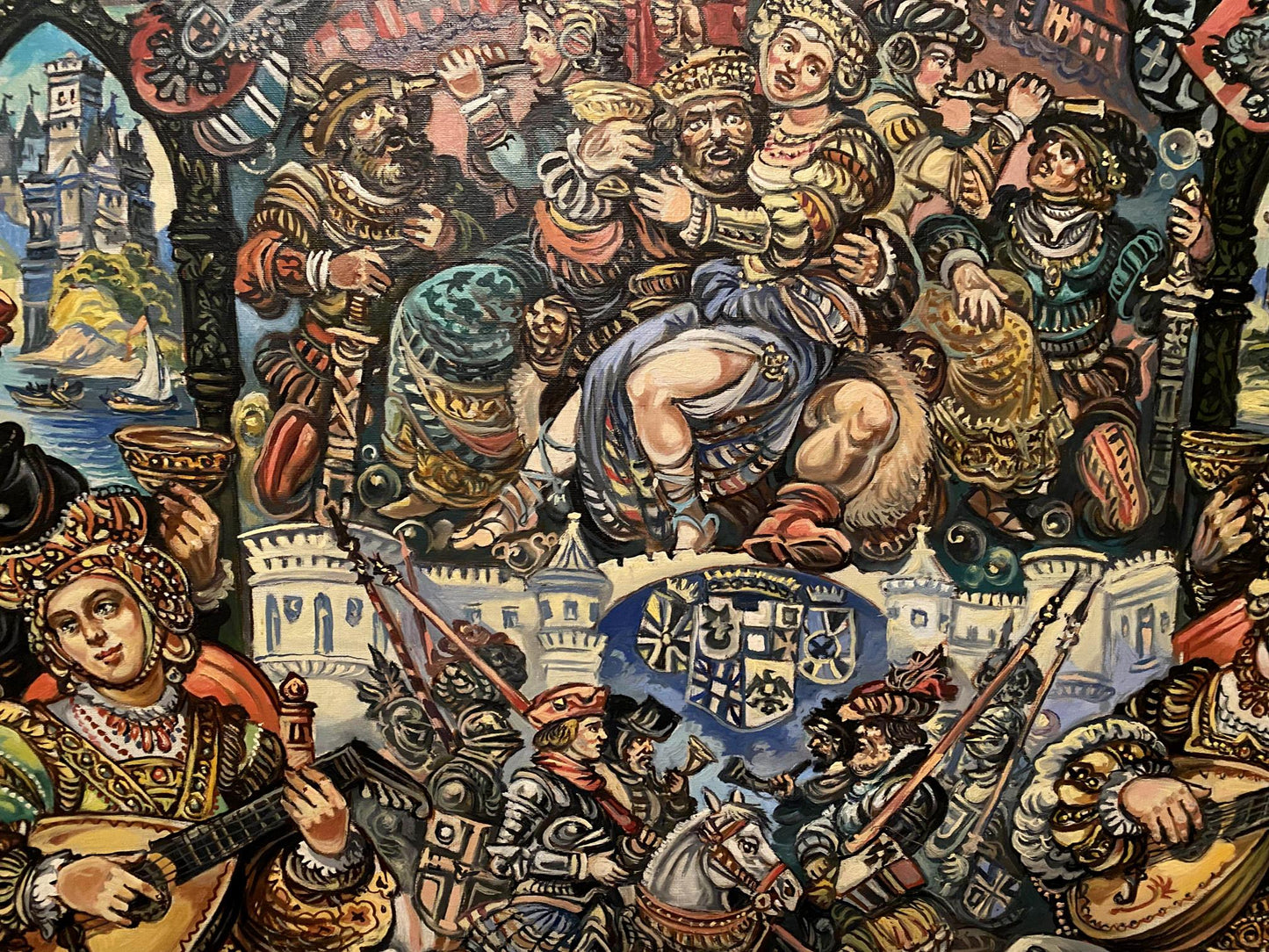 Vibrant oil painting of medieval dances by Alexander Litvinov with knights and royalty