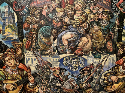Vibrant oil painting of medieval dances by Alexander Litvinov with knights and royalty