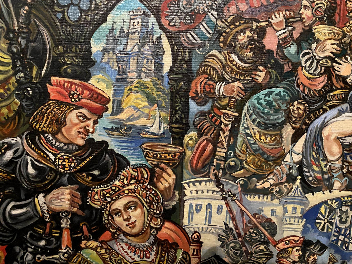 Oil painting of medieval knight in black gold armor by Alexander Litvinov