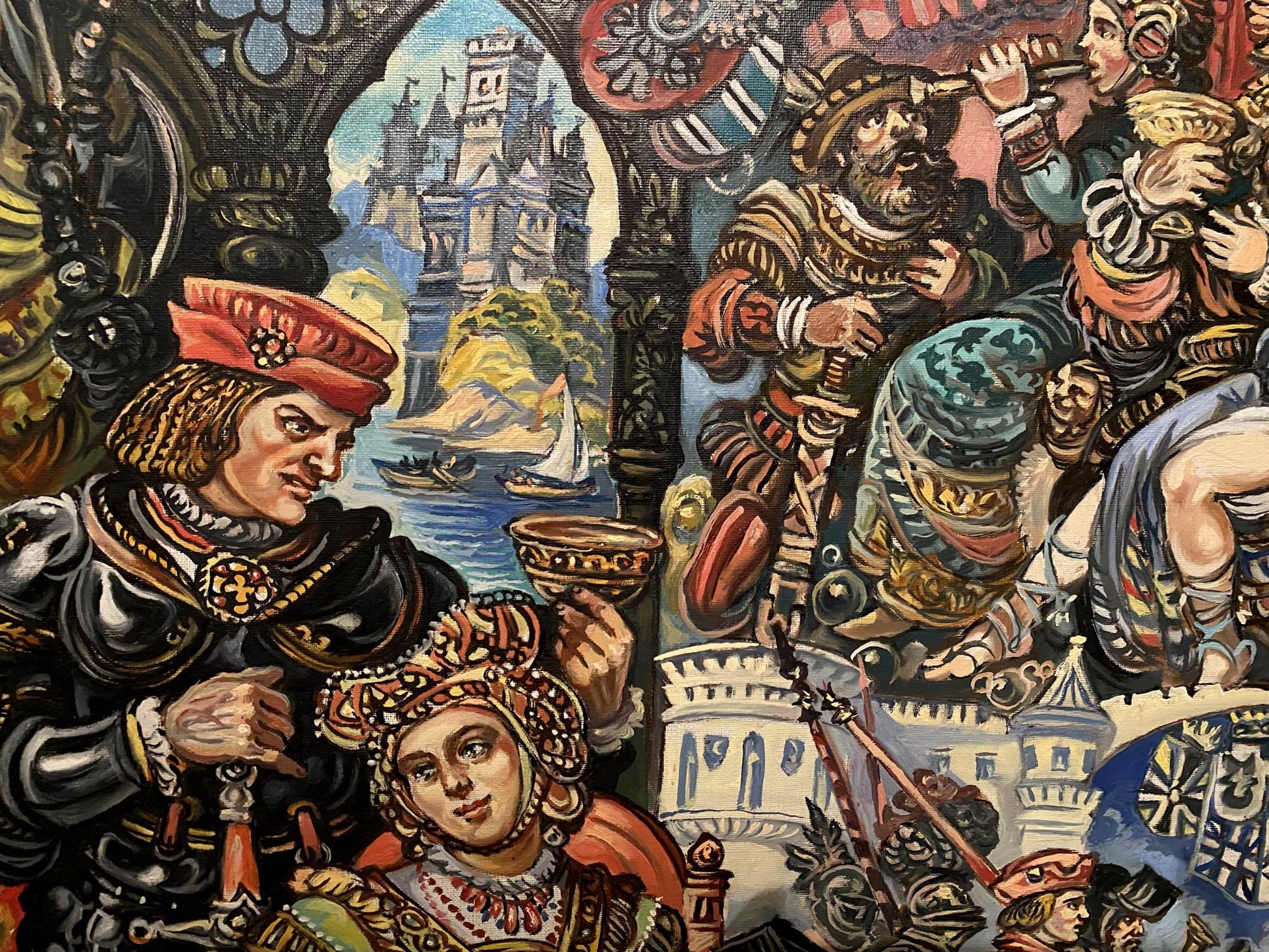 Oil painting of medieval knight in black gold armor by Alexander Litvinov
