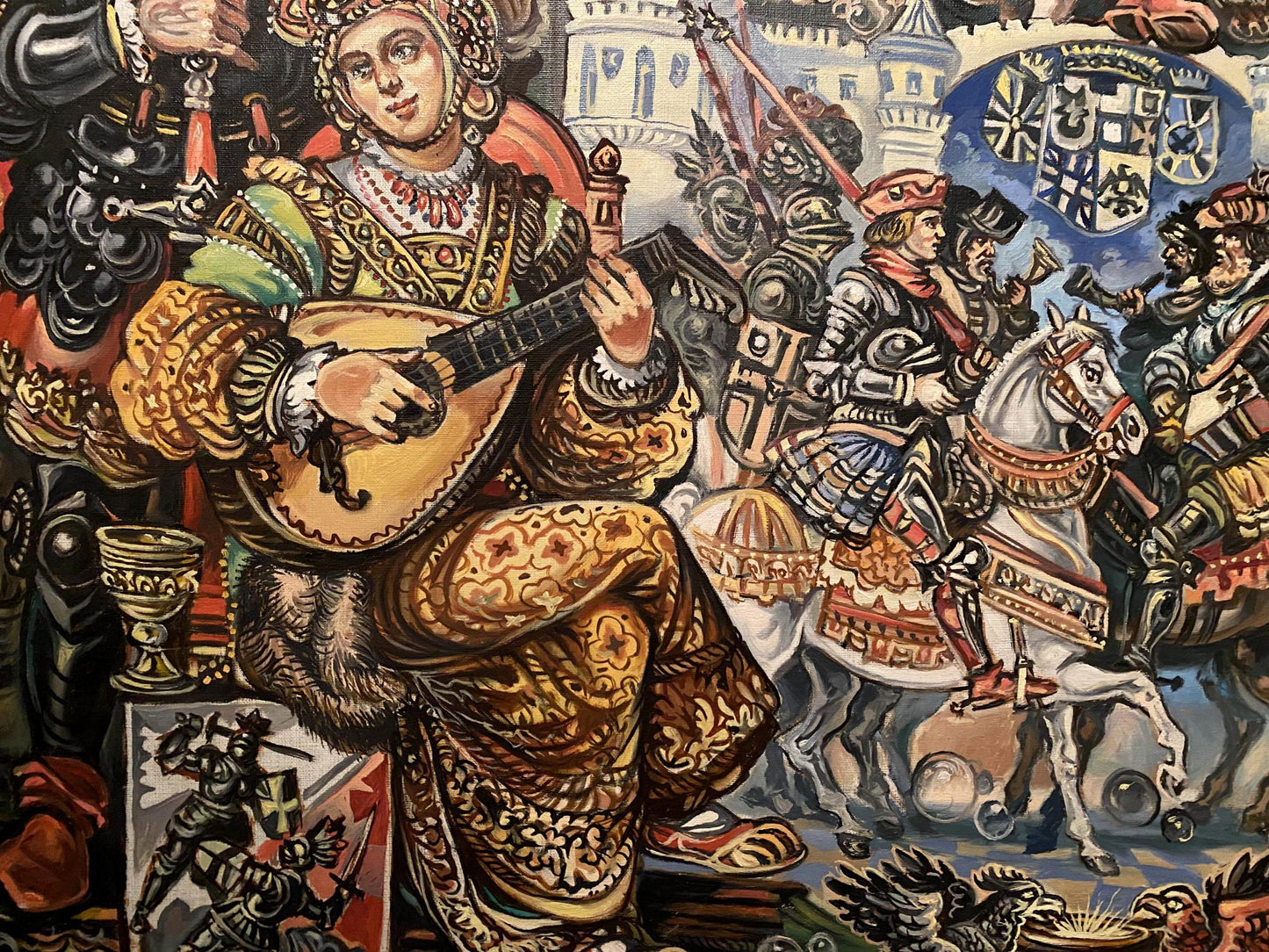Oil painting by Alexander Litvinov: woman in golden brown medieval gown playing lute