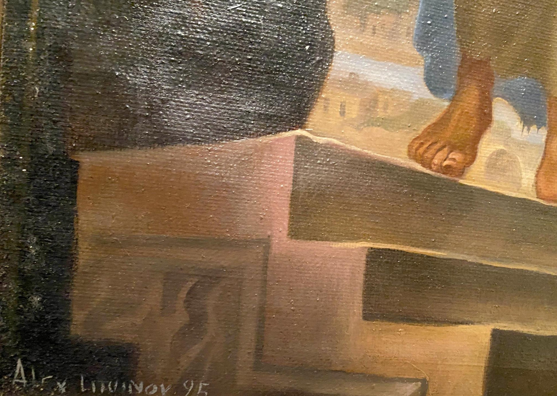 Oil painting of Christ and Pilate by Litvinov, shadowy figure on stone steps